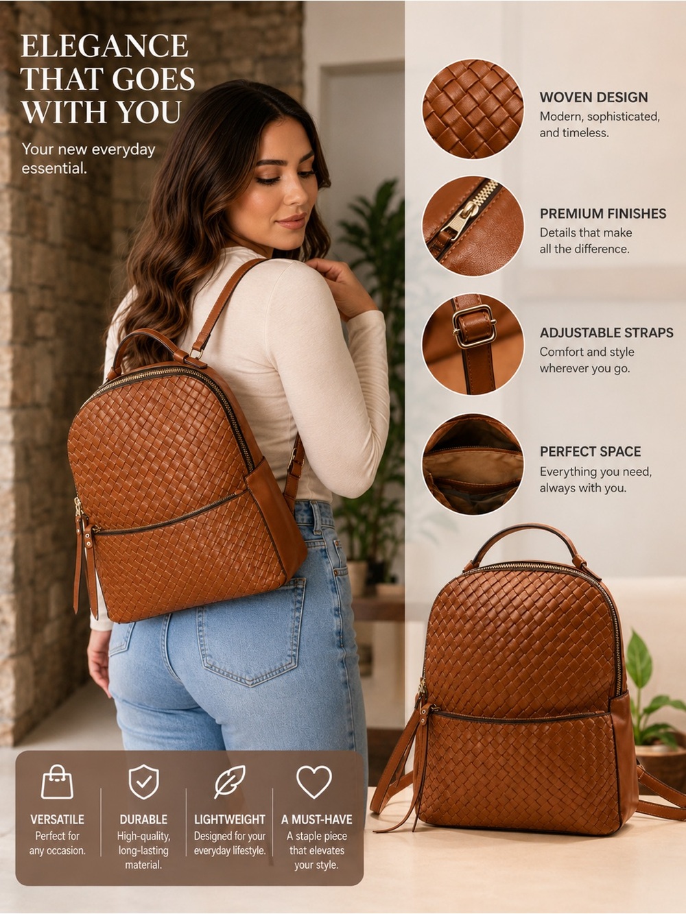 Woven Leather-Style Backpack - Brown Vegan leather